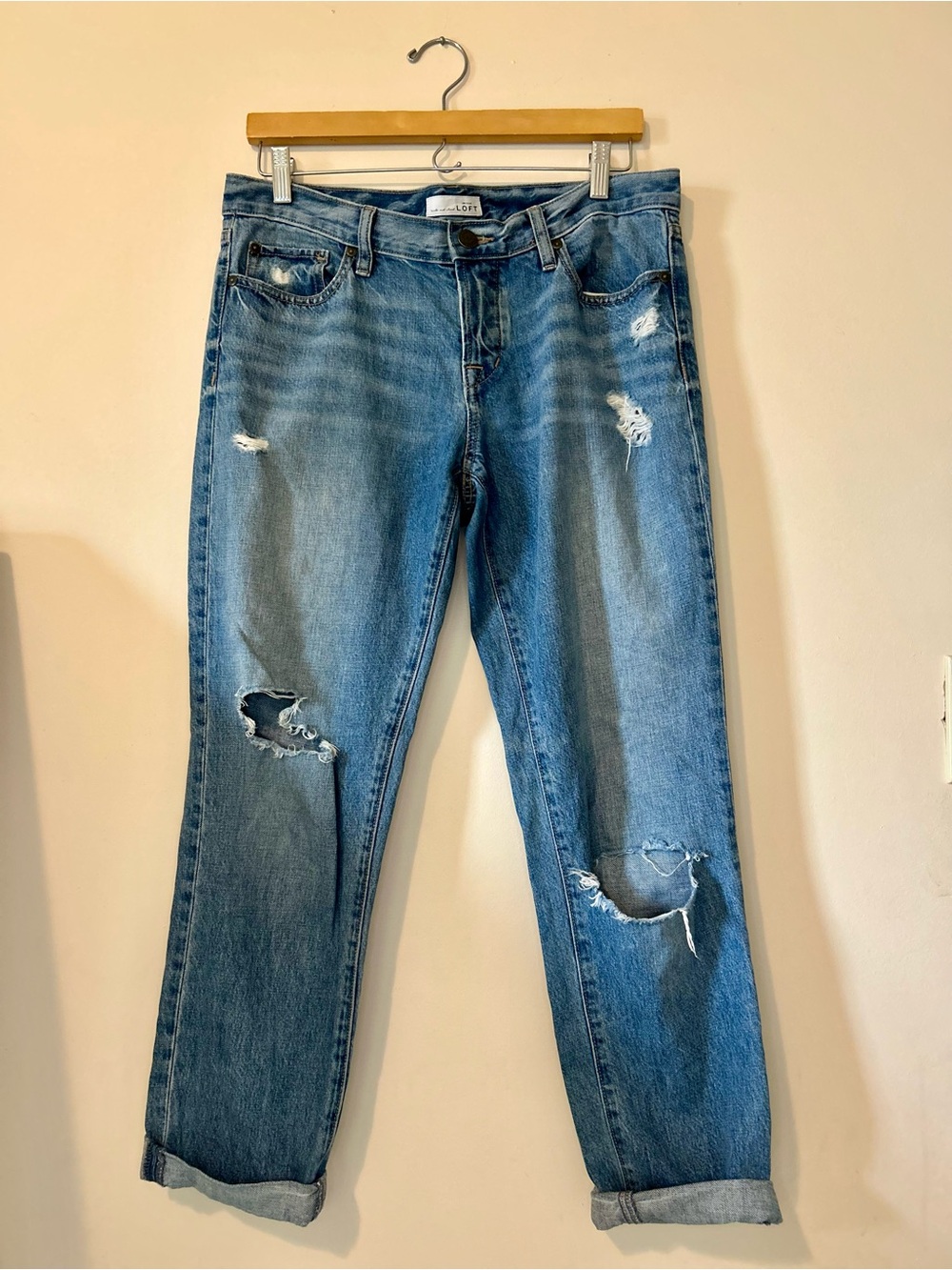 LOFT Distressed Button Fly Straight Leg Jeans Cuffed Medium Wash Size 27 US 4